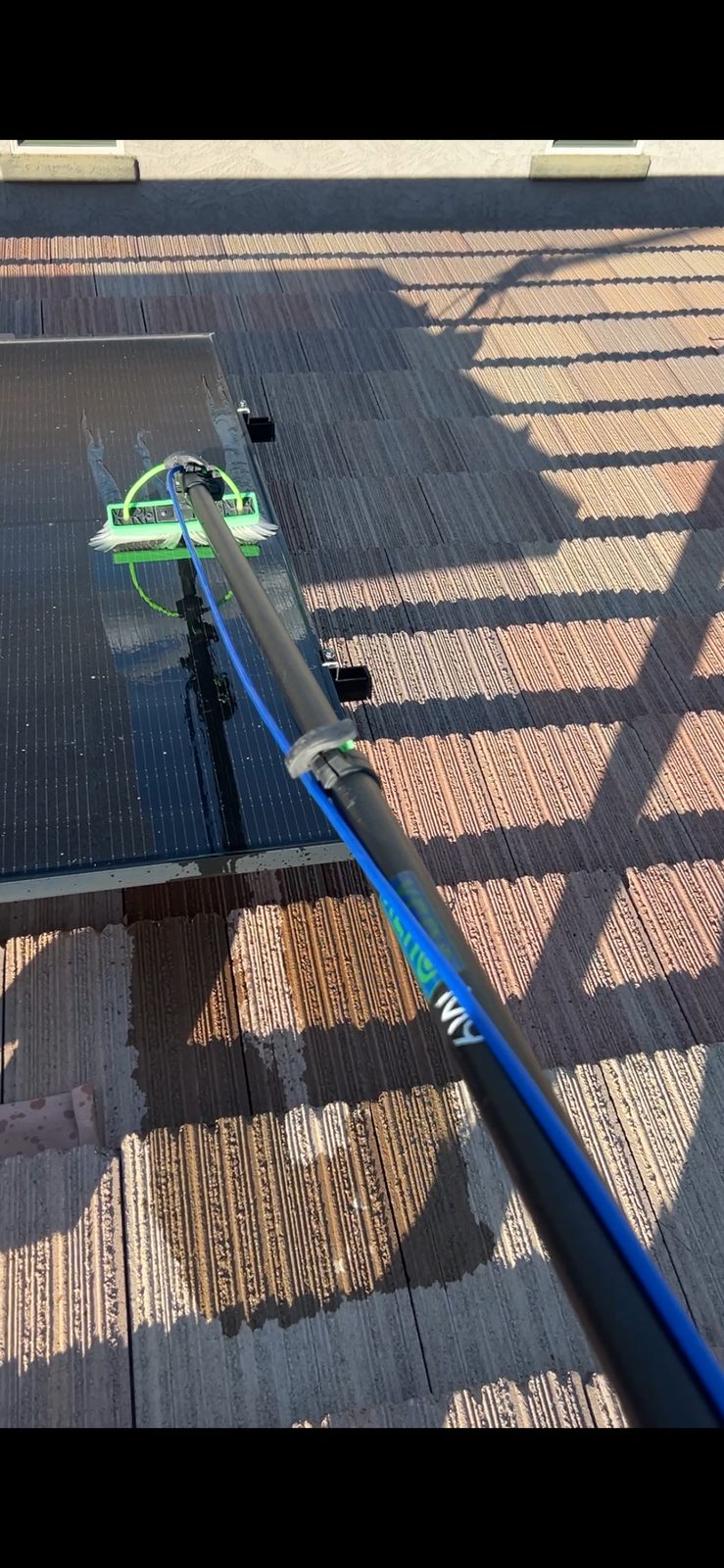 Apex tech cleaning a solar panel with a pure-water pole system
